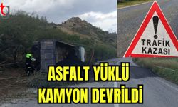 Asfalt yüklü kamyon devrildi