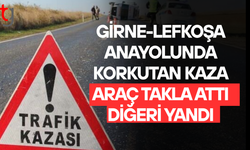 Girne-Lefkoşa Anayolunda Korkutan Kaza: Araç Takla Attı, Diğeri Yandı