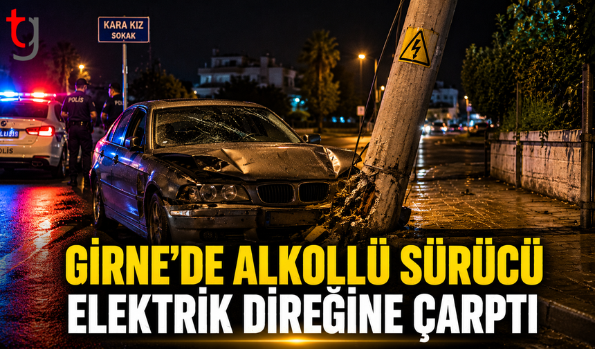 Girne'de Alkollü Sürücü Elektrik Direğine Çarptı