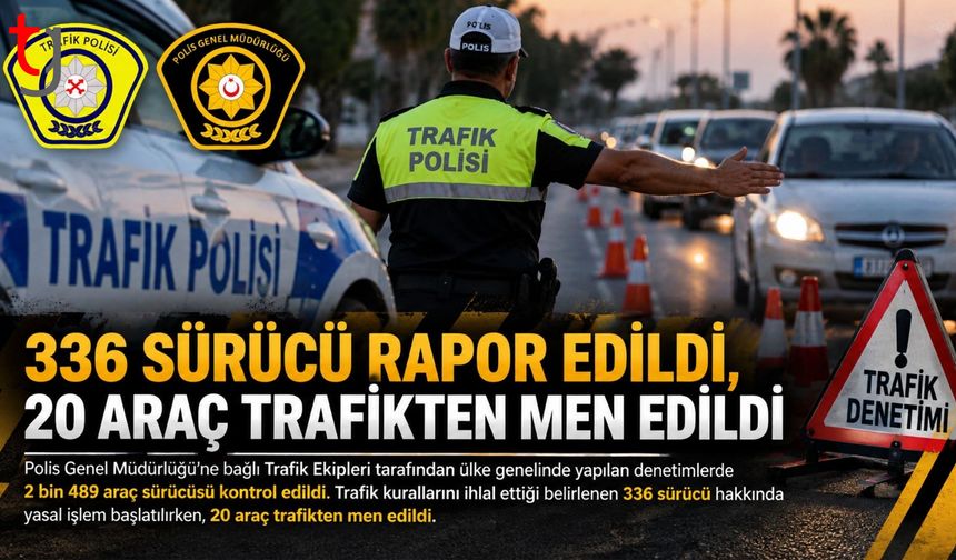 ÜLKE GENELİNDE TRAFİK DENETİMİ: 336 SÜRÜCÜYE İŞLEM, 20 ARAÇ TRAFİKTEN MEN