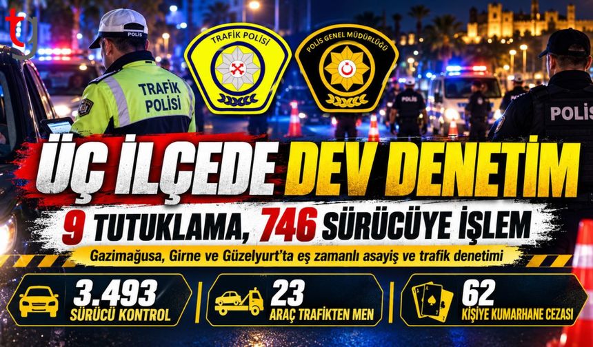 GAZİMAĞUSA, GİRNE VE GÜZELYURT’TA EŞ ZAMANLI DENETİM: 9 TUTUKLAMA, 746 SÜRÜCÜYE İŞLEM
